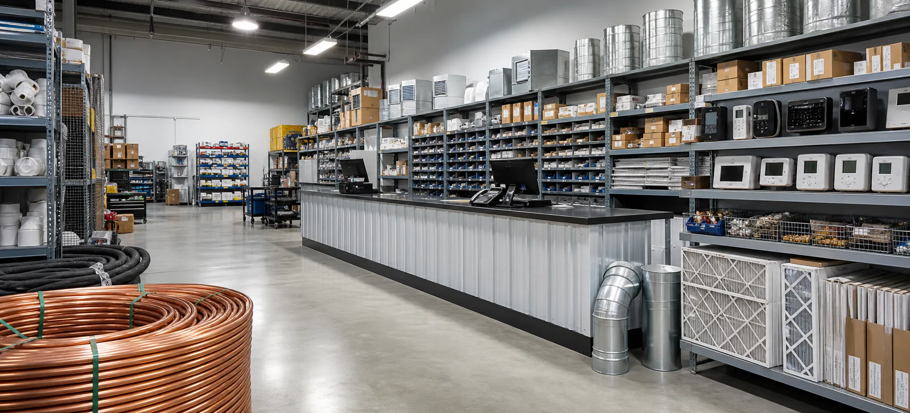 Organized HVAC supply warehouse shelves with duct fittings, filters, thermostats, and copper line sets